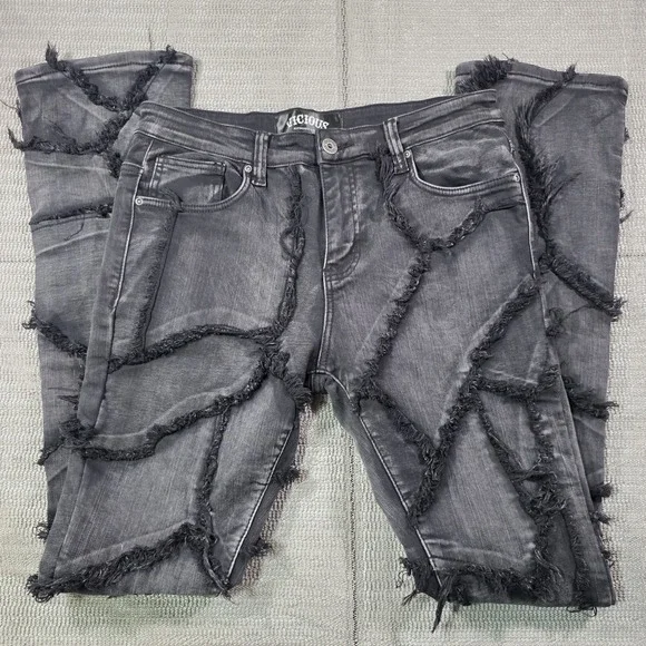 Vicious Men's Black Distressed Web Detail Cotton Jeans Size 34 - Picture 3 of 13